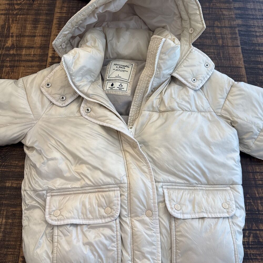 Vintage Y2K Abercrombie & Fitch Womens L Cream Puffer Jacket Hooded Fleece Lined